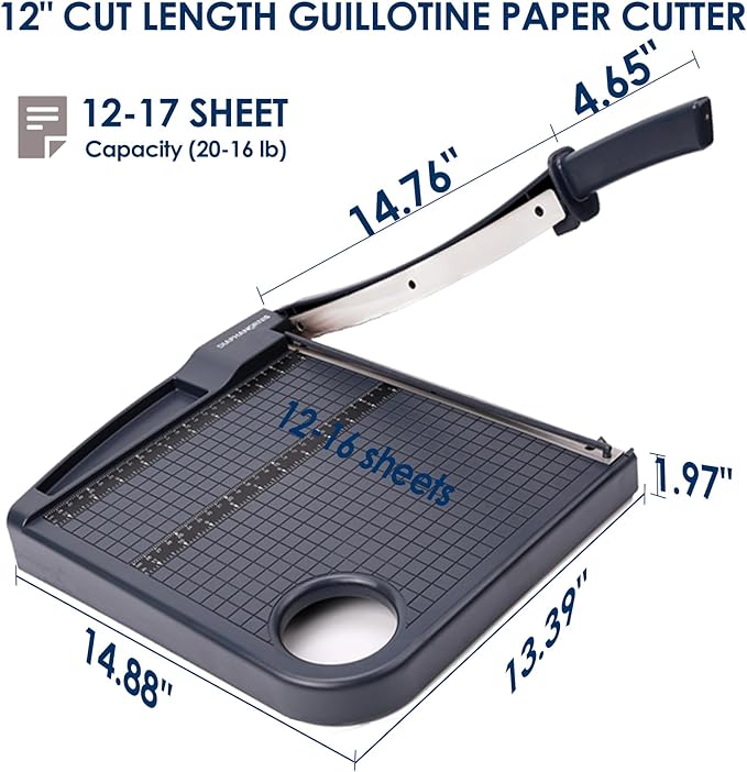 Paper Cutter,Heavy Duty Guillotine Paper Trimmer with Portable Base DesignandSafety Guard/Blade Lock,12" Cut Length Paper Slicer with17PCS Capacity,Cardstock/Laminating/Cardboard/Photos/Vinyl,(Grey)