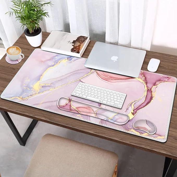 AIMSA Large Gaming Mouse Pad Set, Keyboard Wrist Rest Support Mouse Pad, Ergonomic Memory Foam Multifunctional Extended Desk Mat 35x15.7in Anti-Slip Rubber Base for Office Home, Pink Purple Marble