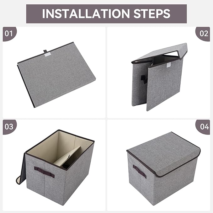 Large 17" 42 Quarts Collapsible Stackable Storage Bins with Lids [3-Pack] Foldable Fabric Linen Storage Boxes Cube, Closet Organizer Baskets with Label for Home (16.7 x 12 x 12, Gray)