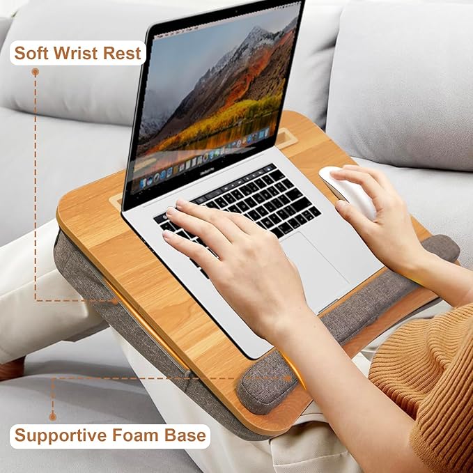 Portable Lap Desk for Laptop with Cushion, Storage Bag Fits Up to 15.6 Inch Laptop, Adults with Ipad/Phone & Pillow Holder for Home Office Bed Couch- Light Wood Color