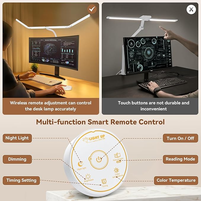 Led Desk Lamp with Clamp: Architect Desk Lamp for Home Office, Eye Caring Double Head Computer Monitor Work Desk Light with Remote Control - 24W Flexible Dimmable Desktop Table Lamp White