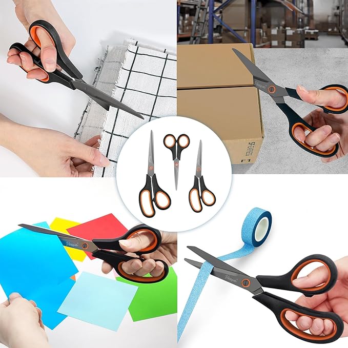 Scissors, 3-Pack Titanium Coated Non Stick Scissors (8.5’’, 7.5’’, 5.5’’) - Premium All-Purpose Cutting Tools for Craft, Office & Home Use