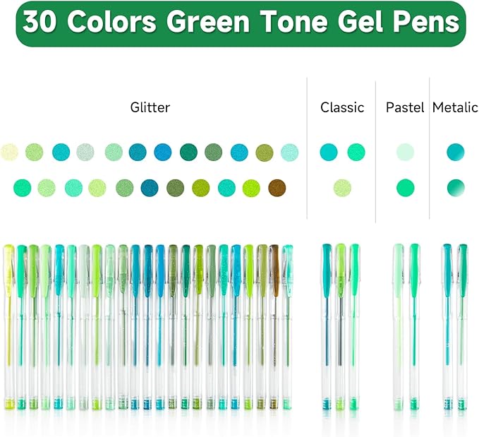 Shuttle Art 60 Pack Green Tone Gel Pens, 30 Green Tone Gel Pens with 30 Refills for Adults Coloring Books Journaling Drawing Nature, Landscapes, Animals Scenes