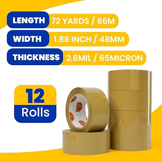 TAPEBEAR Low Noise Brown Packing Tape 72 Yards Extra Length, 1.88Inch-Wide Packaging Tape Refills, Secure Sticky Brown Tape 2.6Mil Heavy Duty for Moving, Shipping, Sealing, 12Rolls Total 864Yards