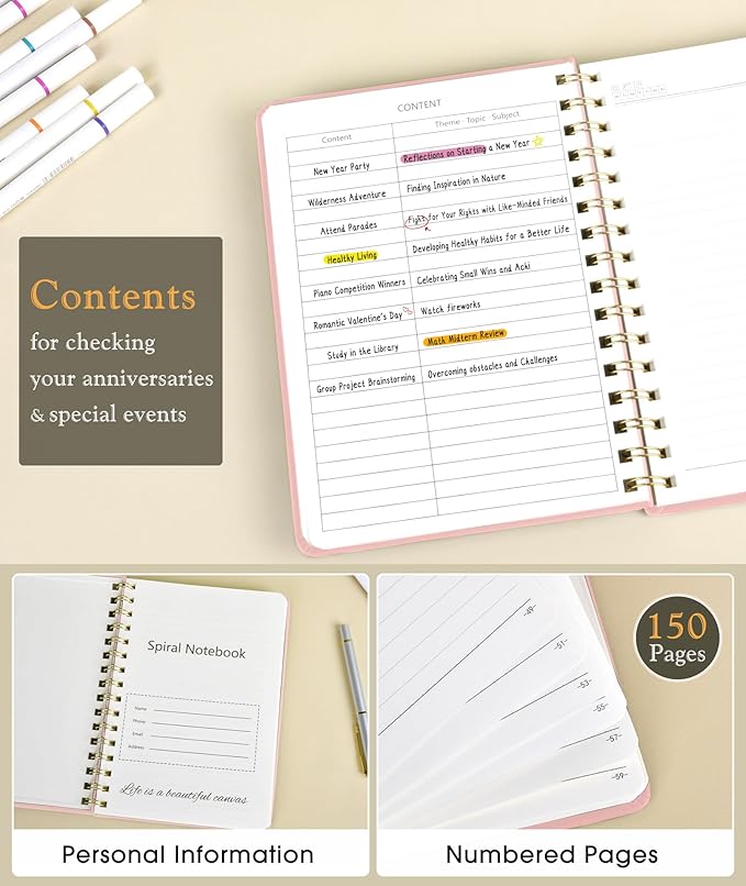 Lined Spiral Journal Notebook for Women, A5 Hardcover Notebooks for Work, 150 Numbered Pages Pink Notebook, 100GSM College Ruled Journals for Writing, Note Taking, 5.75" x 8.38"