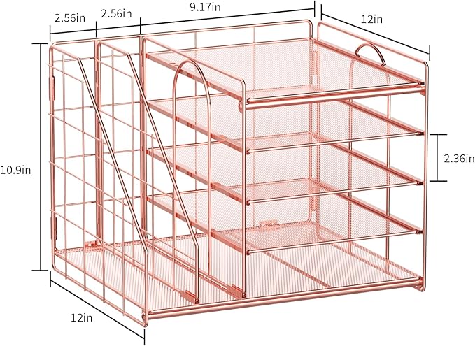 Marbrasse Desk Organizer with File Holder, 5-Tier Paper Letter Tray, Mesh Desk Accessories, Magazine Holder, Desktop Organizer and Storage for Office Supplies, Rose Gold