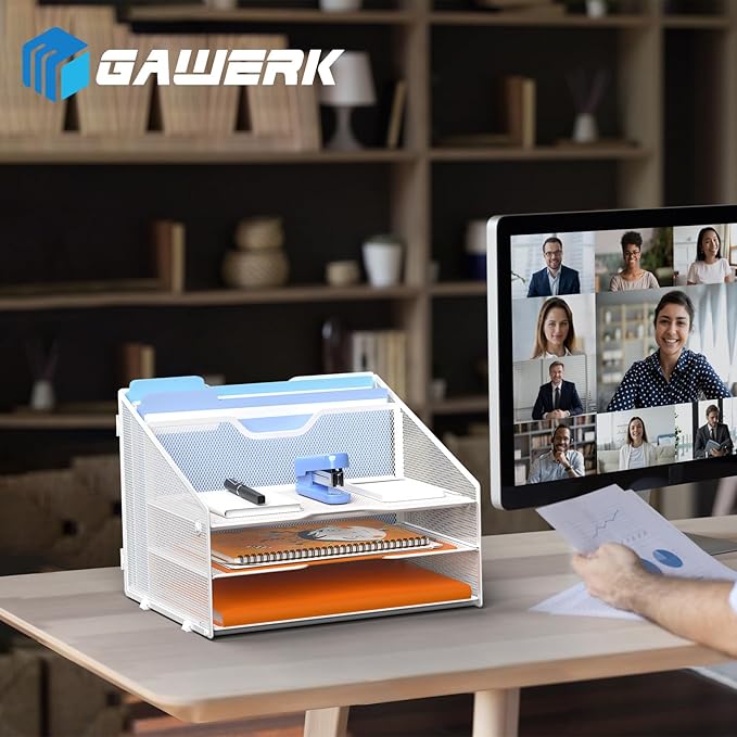 Letter Tray Organizer, Mesh Desk File Organizer with 3 Paper Trays and 2 Vertical Upright Section (White)