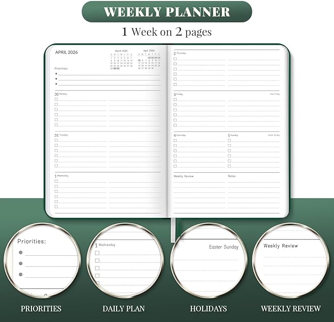 2026 Planner, Weekly and Monthly Planners, Faux Leather Daily Calendar 2026 Planner, 12 Month Agenda from Jan. to Dec., Hardcover Habit Tracker Journal 5.75" x 8.4"(Green)