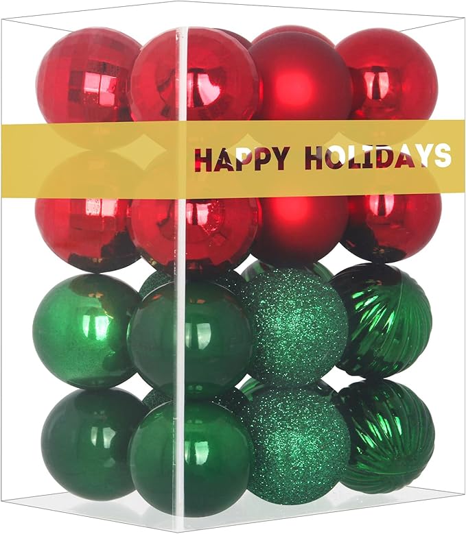 Red & Green 2.5" Christmas Balls Christmas Tree Decoration Ornaments Shatterproof Hanging Balls for Birthday Halloween Holiday Wedding Decorations Set of 24pcs