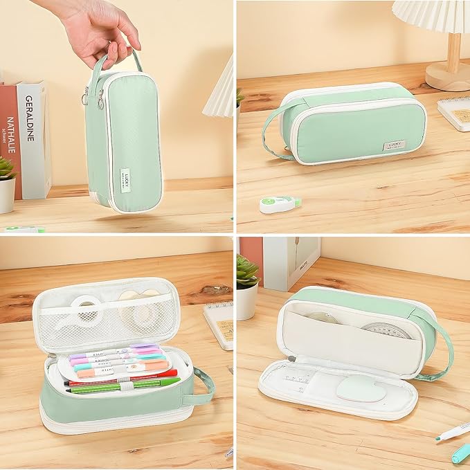 Pencil Case Large Zipper Pencil Pouch for Girls Kids Teens Adults Aesthetic Pencil Bag Stationery Organizer Pen Pencil Case with Handle for School Green