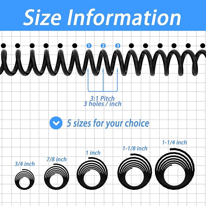 Rayson 31.8mm Plastic Spiral Coil Binding 3:1 Pitch, 1-1/4 inch, 280 Sheets Capacity Black Coil Binding Spines - Versatile for Office and Educational Tasks, Pack of 50