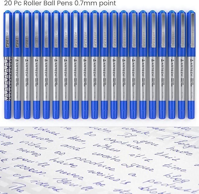ARTEZA Rollerball Pens, Pack of 20 – Blue Liquid Ink Pens with 0.7 mm Fine Point for Note-Taking, Bullet Journaling, Office & School Writing Tasks