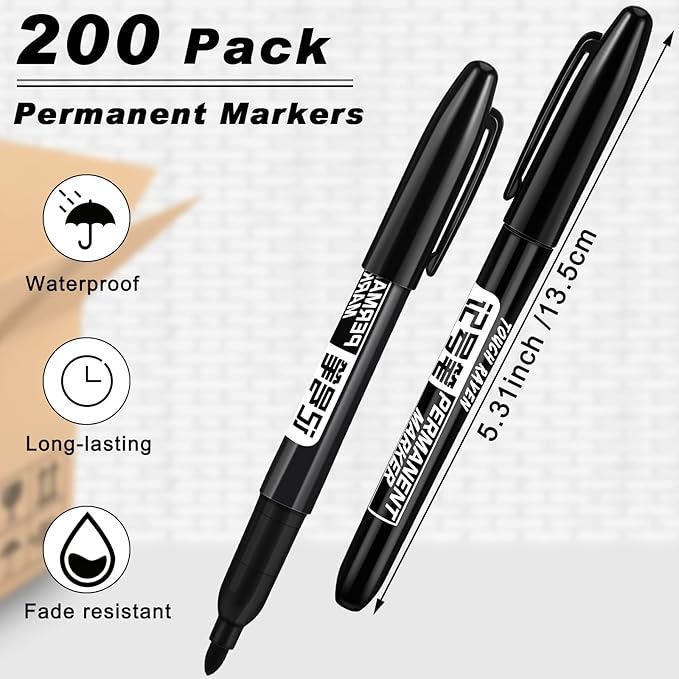 Thenshop 200 Pack Permanent Markers Bulk Black Permanent Marker Set Fine Point Marker Pens Waterproof Markers Works on Plastic, Wood, Stone, Metal and Glass