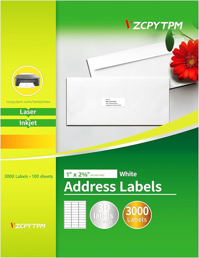Printable Address Labels,1" x 2-5/8" Stickers for Printer,3000 Blank Label,Personalized Mailing,Return Address,Envelope,Name Tag for School,Office,Shipping & Home Use