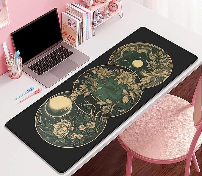 Celestial Moon Phases Art Nouveau Witch Aesthetic Green Dark Academia Mouse Pad,Non-Slip Waterproof Rubber Base Mouse Pad for Office,Computer,Keyboard,Laptop and Home Desk Pad(27.5X11.8 in)