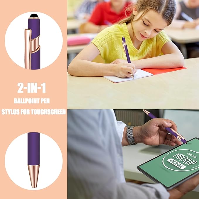 8 Pcs Blue Ink Ballpoint Pen with Stylus Tip 2 in 1 Stylus Ballpoint Pen Metal Pens Stylus Pen for Touch Screens School Office Coworkers (Purple Rose Gold)