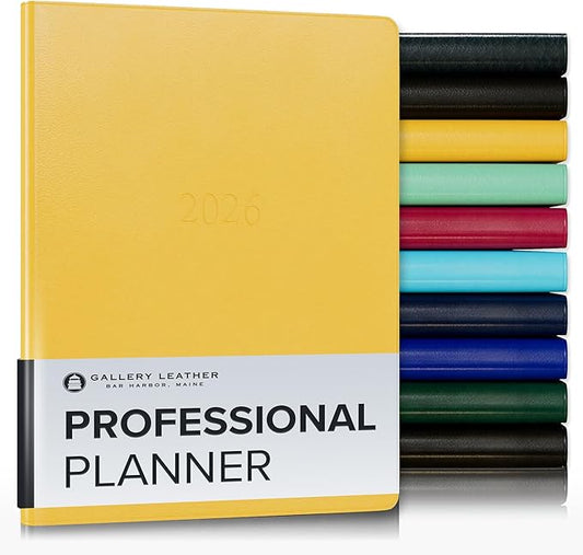 Gallery Leather Professional Weekly Monthly Planner 2026, Elegantly Bound Calendar Planner and Notebook with Stylish Gold-Gilded Page Edges, 12 Months - Caribbean Yellow - 9 x 7 "