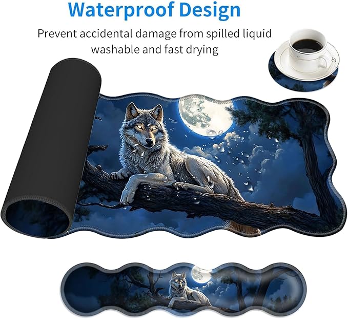 Large Mouse Pad and Keyboard Wrist Rest, Desk Pad for Keyboard and Mouse, 4-in-1 Large Gaming Mouse Pad with Wrist Support, Desk Mat for Home Office Study Game-Wolf in The Moonlight