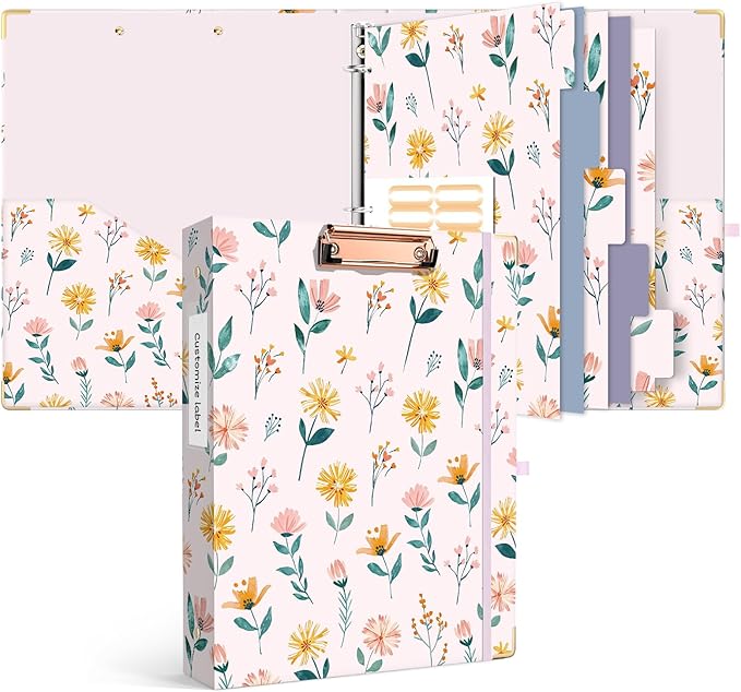 Ospelelf 3 Ring Binder 1 Inch Round Rings, Clipboard Binders for Letter Size Paper with 5 Tab Dividers, for School and Office Supplies, Pink Floral