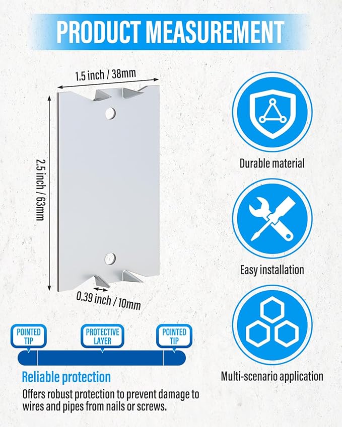 100 Pack Safety Nail Plates for Wood Studs, 2.5 x 1.5 Inch Cable Wire Protector, Metal Anti-Nail Protection with Sharp Pointed Prongs for Plumbing & Wiring Protection