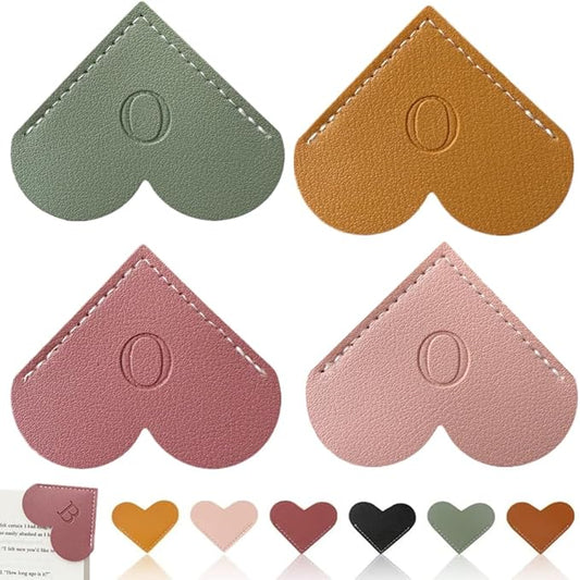 Personalized Leather Heart Bookmark, 26 Letters Customized Corner Book Mark for Reading Women, Book Marker with Initials，Cute Gifts (Light Pink+Deep Pink+Green+Light Brown, O)