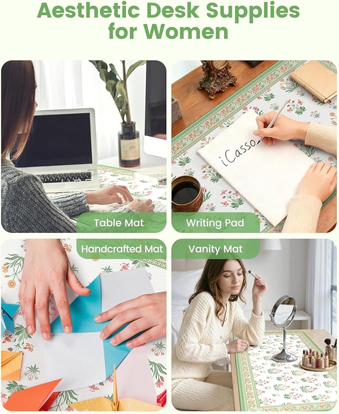 iCasso Desk Cover Mat, Extra Large Floral Mouse Pad, Desk Pad Mat,Office Matt for Desktop Protector, Anti-Slip XXL Big Mousepad with Stitched Edges for Laptop Computer Keyboard(White)