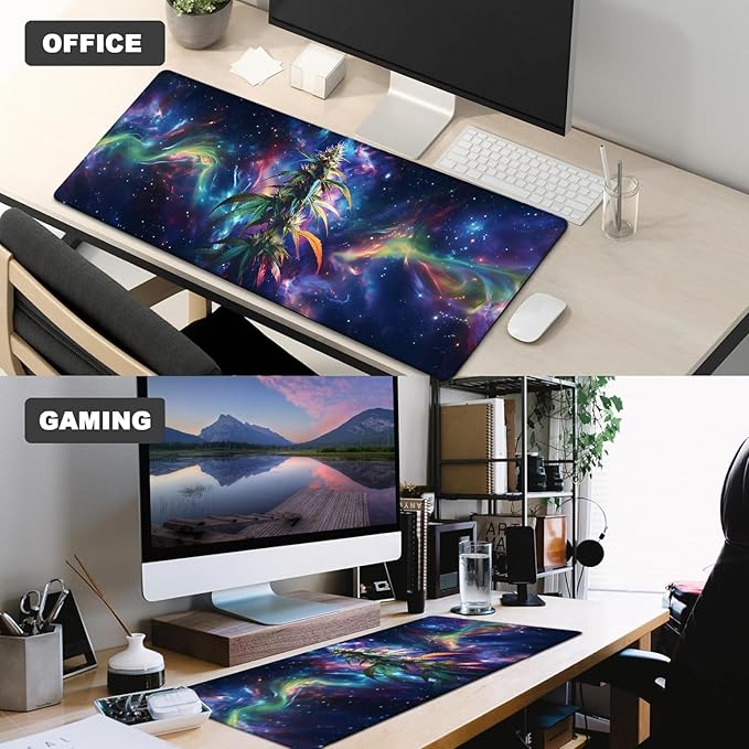Green Weed Plant Gaming Mouse Pad,12x31.5in Non-Slip Rubber Botanical Desk Mat,Large Extended Cosmic Mystical Leaf Mousepad for Office Home Laptop,Mice Pads Gifts,Game Lover Deskmat Decor