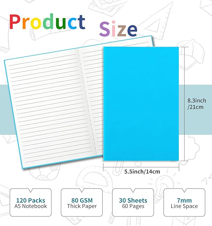 120 Pack Colorful Lined Notebooks for writing, Journals Bulk, A5 Composition Books, 8.3x5.5 Inch, 60 Pages, 30 Sheets Sketchbooks for Office School Travel Supplies (Lined-120 pack, 12 Colors)