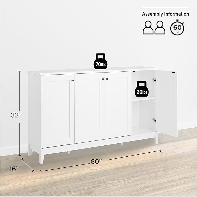 Prepac Yaletown 4 Panel Door Console Table with Storage, White Storage Cabinet with Doors and Shelves, Sideboard Storage Cabinet 60" W x 32" H x 16" D, WCBG-2220-1