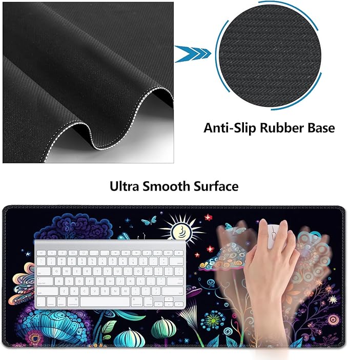 AIMSA Large Gaming Mouse Pad Set, Keyboard Wrist Rest Support+ Extended Mousepad+ Mouse Wrist Cushion+Coaster, Ergonomic Multifunctional Desk Mat 35x15.7in, Colorful Abstract Mushrooms
