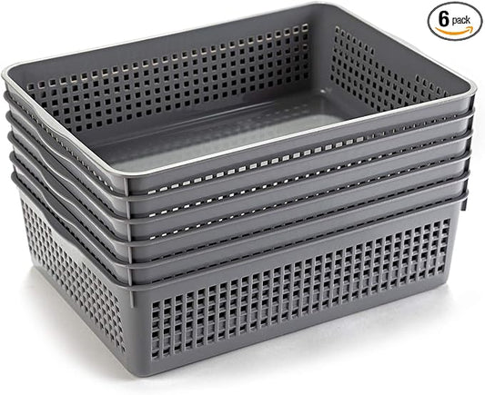 A4 Size Plastic Paper Storage Trays,Desktop File Organizer Baskets,6-Packs (Grey)