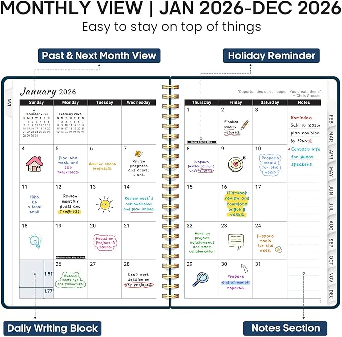 2026 Planner 8.5" x 11", Weekly and Monthly Calendar Planner Book, January 2026 - December 2026, Hardcover Spiral Planner with Monthly Tabs, Notes Pages, Perfect for Women & Men, A4 - Navy