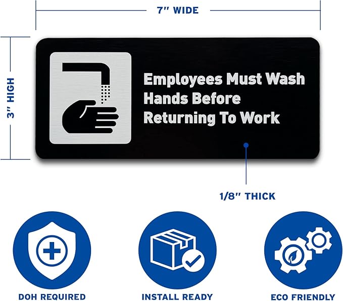 Employees Must Wash Hands Before Returning to Work Sign - Includes Adhesive Strips - Bathroom Sign, Bathroom Signs for Business, Restroom Signs for Business - 7"W x 3"H (Brushed Black) - Made in USA