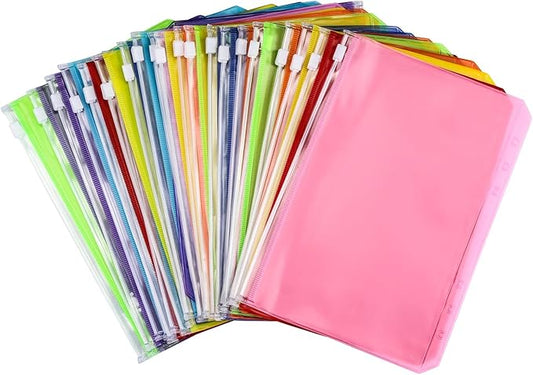 24Pcs A5 Binder Pockets 6 Holes Zipper Binder Pouch for Cash,ID Card,Credit Card, 8 Colors