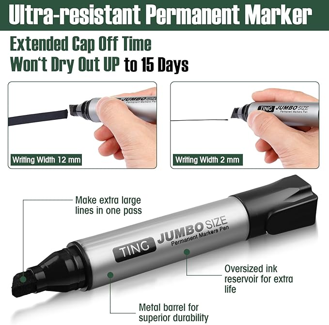 Cholemy 40 Pcs Jumbo Permanent Markers Bulk Large Chisel Tip Permanent Markers Quick Drying Pens for Office Teacher Supplies(Black)