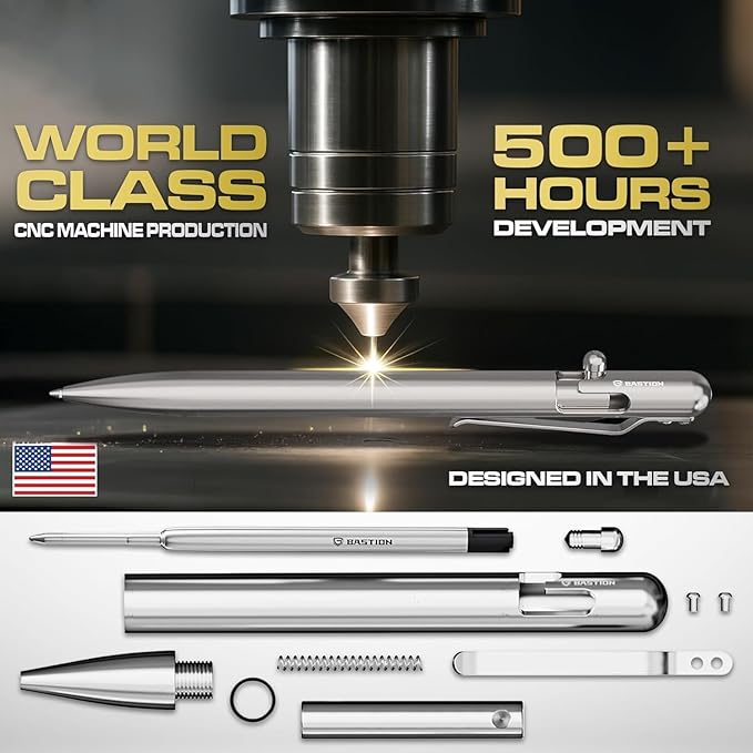 BASTION® Luxury Slim Bolt Action Pen, Durable EDC Pen with Fine Tip, Professional Ballpoint Pen for School and Work - Titanium