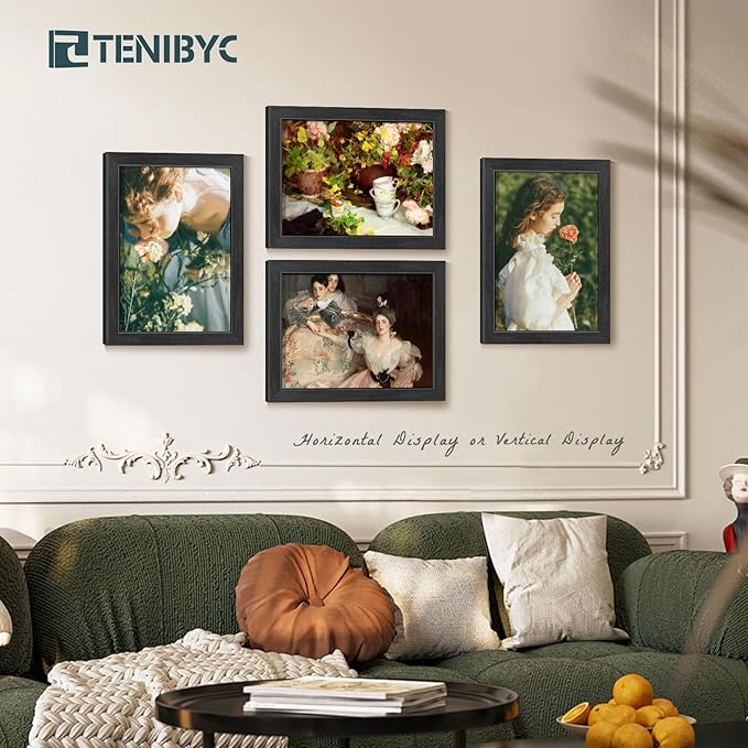 12x16 Frame Set of 4, Textured Black Wood Picture Frame, HD Tempered Glass, Wall Display