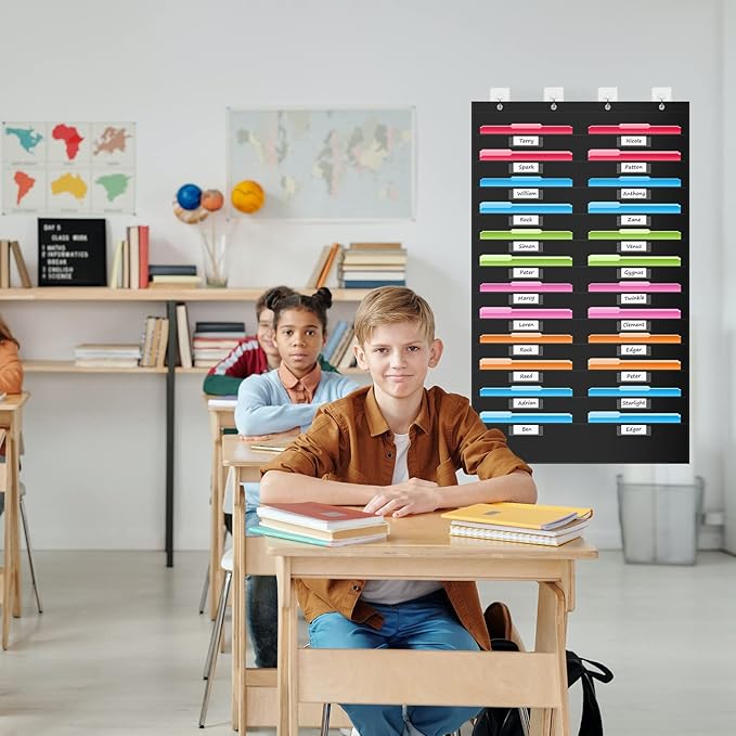 REGELETO 24 Pockets File Storage Pocket Chart with 24 Nametag Pockets, Hanging Wall File Organizer for Classroom and Office, Organize Your Assignments, Files, Scrapbooks, Paper (Black-24 pockets)