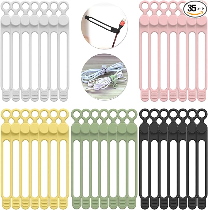 35pcs Silicone Cable Ties,Reusable Cable Management Organizer, Wire Ties，Travel Cord Ties，Cord Organizer for Bundling Cable Cords in Home,Office,Kitchen,School(5 Colors)