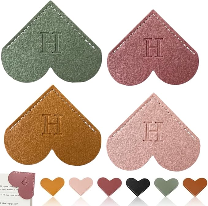 Personalized Leather Heart Bookmark, 26 Letters Customized Corner Book Mark for Reading Women, Book Marker with Initials，Cute Gifts (Light Pink+Deep Pink+Green+Light Brown, H)