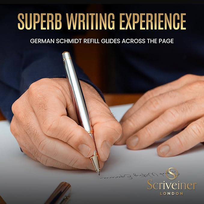 Scriveiner Personalized Silver Chrome Rollerball Pen - Stunning Luxury Pen, Real Gold Plating, Schmidt Ink Refill, Best Engraved Roller Ball Gift Set for Men & Women, Custom Name Engraving