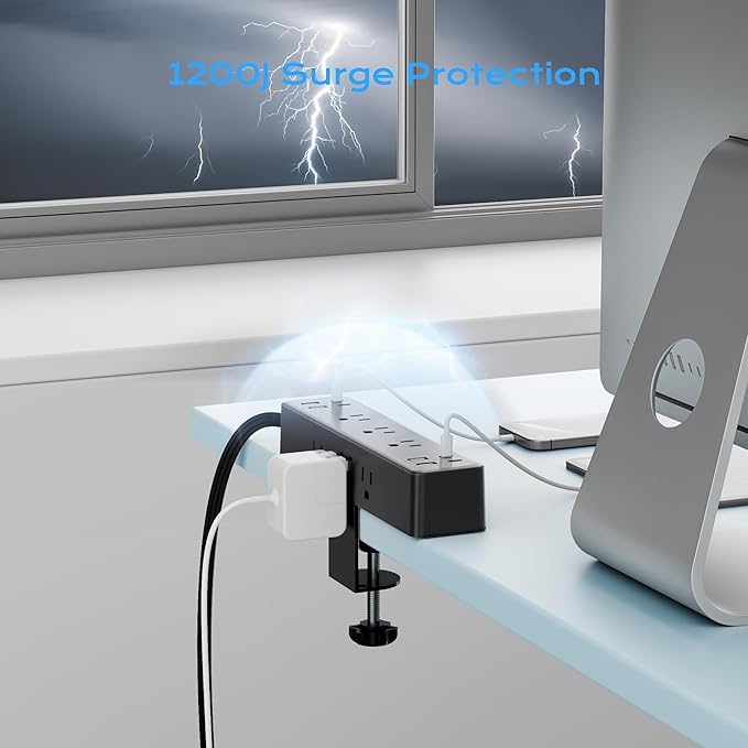 Flat Plug Desk Clamp Power Strip 10FT, 40W Total Fast Charging Station, Dual PD 20W USB C Ports, Desk Edge Mount Power Strip 9 AC Outlets 8 USB Ports(4 USB C) Surge Protector, Fit 1.7" Tabletop Edge