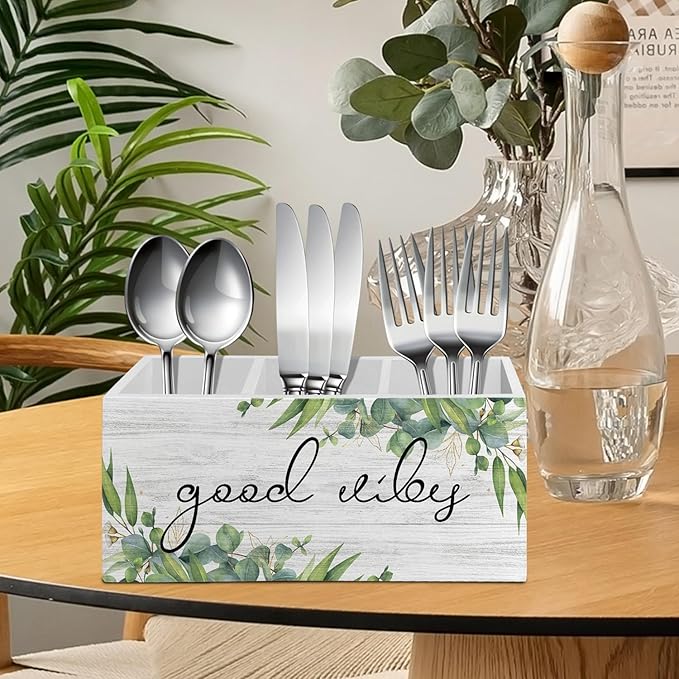 Inspirational Sage Green Eucalyptus Pen Pencil Holder Organizer for Desk Accessories, Good Vibes Positive Wooden Box Sign Desk Decor for Home Office Decoration, Motivational Gifts for Women