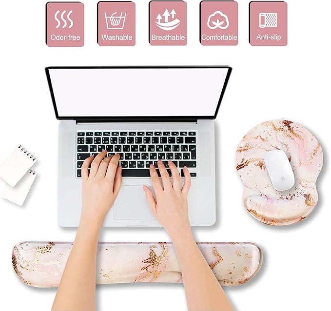 ArtSo Upgraded Wrist Rest Support for Mouse Pad & Keyboard, Ergonomic Gel Mousepad Non-Slip Rubber Base Home,Office Pain Relief & Easy Typing Cushion Neoprene Cloth & Soft Memory Foam, Pink Marble
