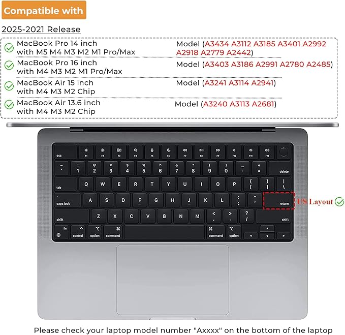 EooCoo Premium Keyboard Cover Skin Ultra Thin Protector, Compatible with M5 MacBook Pro 14" 16" M4 M3 M2 M1 Pro Max Chip, 2025-2021 MacBook Air 15" 13.6" M4 M3 M2 Chip, Black