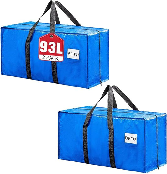 BETU Extra Large Moving Bags Heavy Duty Storage Bags with Zipper Handles, 2 Pack Clothes Storage Totes Bins Packing Moving Boxes, Moving Supplies for College Dorm Essentials, Space Saving, Blue