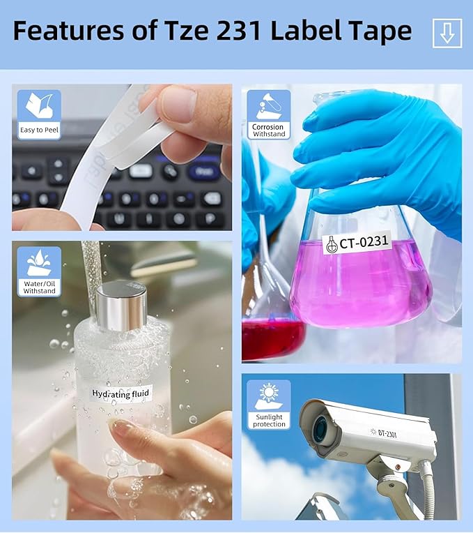 MarkDomain Label Maker Tape Refills Compatible with Brother P-Touch Label Tape 12mm 0.47 Laminated White TZe Tz TZe-231 TZ231 Ptouch PT-D210 PT-H110 PT-D220 PT-1880 1/2" Black Ink on White, 6 Pack