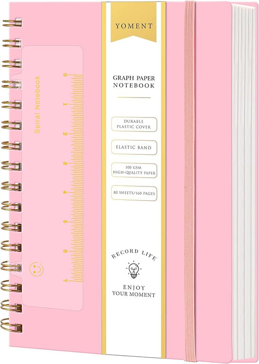 Yoment Graph Paper Notebook A5 Graphing Spiral Notebook 160 Pages Grid Paper Notebook Spiral Bound Pink Hardcover Spiral Journal 5x7 Grid Notebooks for Note Taking, Pink