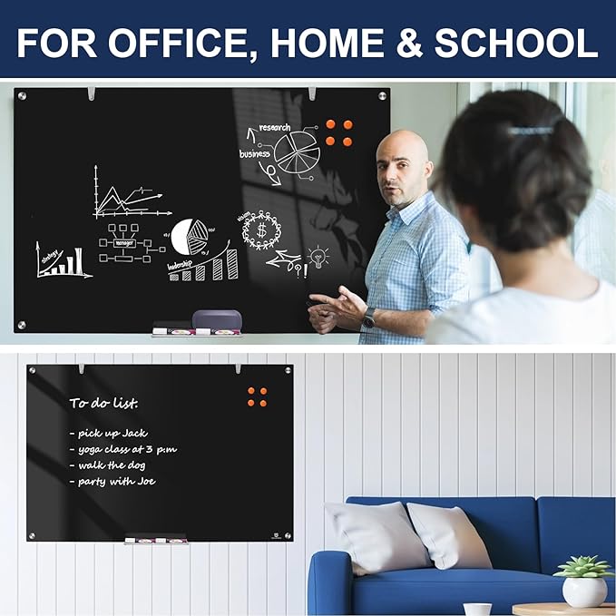 TSJ OFFICE Glass Dry-Erase Board - 48 x 32 Inches Wall Mounted Black Glass Magnetic Whiteboard, Large Frameless White Board for Office, Home & School