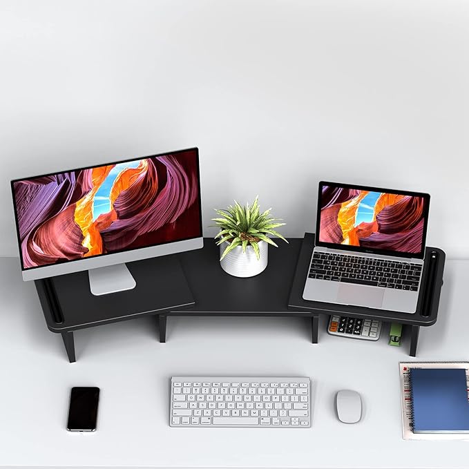 Zimilar Dual Monitor Stand Riser, Monitor Stand with Adjustable Length and Angle, Wood Monitor Stand for Desk, Monitor Riser for 2 Monitors with Storage Space